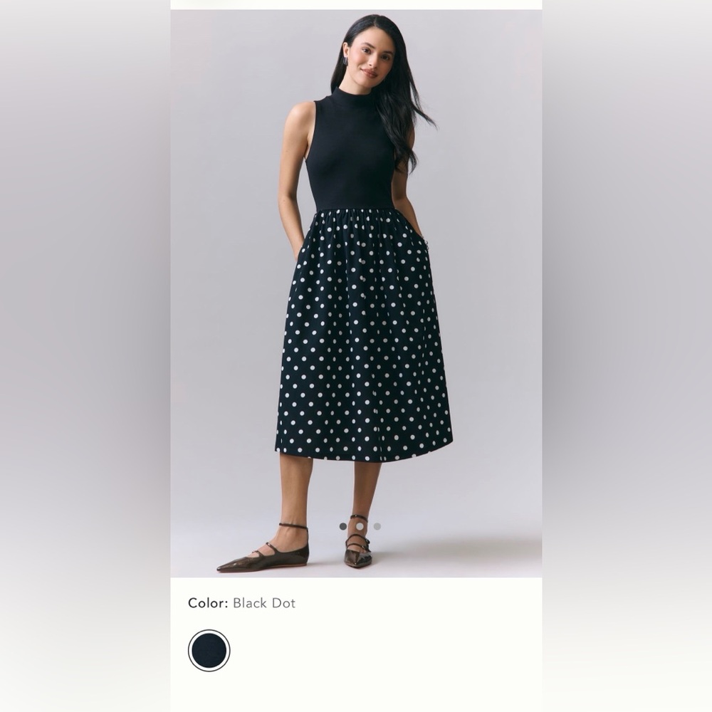 By Anthropologie (Maeve) Black Midi Twofer Dress with White Dots